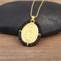 Plaqué Or 18K Collier Pendentif San Judas Perles Acrylique Noir Portrait Ovale Chaine - Noir