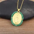 Colliers Pendentif San Judas Plaqué Or Perles Vertes Chaîne Ovale Religieuse Bijoux - Vert