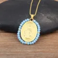 Collier Pendentif Saint Jude Ovale Perles Bleues Plaqué Or 18K Bijou Religieux Femme - Bleu clair