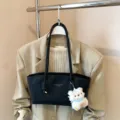 Black minimalist shoulder tote bag with cute bear pendant for women daily commute style - With Pendant / Black