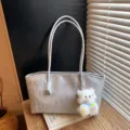 Retro solid color silver tote bag with cute plush bear pendant, casual women shoulder bag - With Pendant / Silver