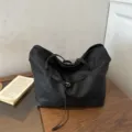 Black slouchy tote bag, minimalist PU leather single shoulder handbag for women summer style. - Black