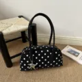 Black white polka dot shoulder bag with star charm trendy commuter pillow bag daily use - With Pendant / Black