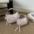 Chic pink polka dot hobo shoulder bags set with cute bows and ribbon charms for women. - Large With Pendant / Pink
