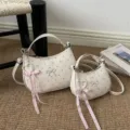 White polka dot crescent shoulder bag set with cute bow and pearl ribbon pendant for women. - Large With Pendant / White