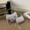 Silver polka dot hobo shoulder bag with bow charm, trendy fashion commuter handbag variant. - Large With Pendant / Silver