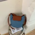 Women denim bucket bag retro contrast color shoulder cross body bag casual commuting handbag - Blue