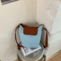 Retro light blue canvas and brown leather crossbody bucket bag for women trendy shoulder bag - Light Blue