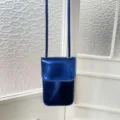 Women glossy vertical phone crossbody bag metallic blue small shoulder bag minimalist style - Dark Blue