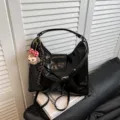 Black patent leather shoulder bag with plush bear charm, stylish daily commuting tote purse. - With Pendant / Black
