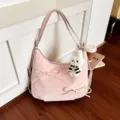 Pink shoulder bag for women large capacity hobo dumpling bag with cute bow and plush rabbit charm. - With Pendant / Pink