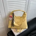 Yellow PU leather hobo shoulder bag with cute cartoon plush charm casual tote bag for women - With Pendant / Yellow