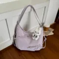 Chic purple hobo shoulder bag for women, large capacity dumpling bag with cute bow and plush rabbit. - With Pendant / Purple