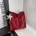 Red patent leather large capacity tote bag with silver star charm, stylish casual commuting shoulder bag - With Pendant / Red