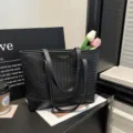 Black Woven Leather Tote Bag Large Capacity Casual Shoulder Bag for Women Commuter Daily Use - Without Pendant / Black