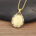 Gold plated virgin mary pendant necklace sparkling with blue and white cubic zirconia. - Oval Saint Mary Blue White CZ Style (N1286)