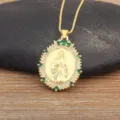 18k gold plated religious pendant necklace with sparkling white and green zircon stones for women. - Oval Religious Figure Green White CZ Style (N1288)