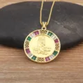 Exquisite 18k gold plated copper necklace with colorful zircon pendant and religious figure. - Round Religious Figure Colorful CZ Style (N1290)