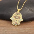 18K Gold Plated Hamsa Hand Evil Eye Necklace Colorful Zirconia Pendant for Women Wholesale - Blue Eye Color Diamond Hand (N1261)