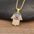 18K gold plated Turkish evil eye Hamsa hand pendant necklace with colorful zirconia stones. - Multi-color Zirconia Evil Eye (N1262)
