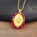 Gold plated angel oval pendant necklace with red crystal beads, fashion jewelry for women. - Red