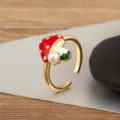 Cute mushroom open ring, copper plated 18k gold with red enamel, pearl and green crystal decor. - Enamel Mushroom Pearl Green Gem Style (R1172)
