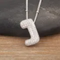 Silver Puffed Letter J Pendant Necklace Sparkle Cubic Zirconia Bubble Collarbone Chain - Letter J / Silver