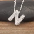 Silver-plated 3D bubble letter N pendant necklace with full cubic zirconia pave for women. - Letter N / Silver