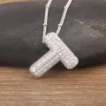Silver letter T pendant necklace, iced out pave zirconia crystal chain for women. - Letter T / Silver
