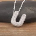 Silver 3D balloon letter U pendant necklace, platinum plated brass choker chain for women. - Letter U / Silver