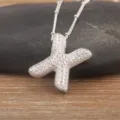 Silver-colored puffy letter X pendant necklace, copper platinum plated micro pave cubic zirconia choker. - Letter X / Silver