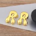 Gold glossy bubble letter stud earrings for women and men, trendy minimalist geometric ear jewelry. - Letter R