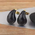 Elegant 18k gold-plated black enamel teardrop stud earrings for women trendy jewelry - Black