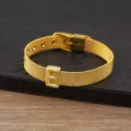 Gold plated metal mesh bracelet with letter E charm and adjustable buckle for women daily wear. - Letter E