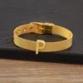 Gold plated mesh watch strap bracelet with letter P charm, stylish DIY alphabet wrist jewelry. - Letter P