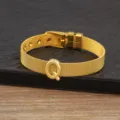 Gold plated mesh watch strap bracelet with letter Q charm, trendy DIY alphabet jewelry. - Letter Q
