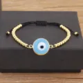 Bracelet Oeil Malefique Ploque Or Perles De Cuivre Metallique Cordon Noir Ajustable - Bleu clair