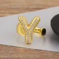 Klobiger Buchstabe Y Offener Ring, kupfer 18k vergoldet mit funkelnden Zirkoniasteinen. - Buchstabe Y Stil / Verstellbare offene Größe / Gold