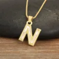 Gold plated letter N pendant necklace with white mother of pearl inlay chic jewelry - Letter N
