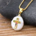 Elegant baroque pearl cross necklace with colorful zircon stones on gold chain jewelry main - Style 8