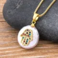 Gold Hamsa Hand Pearl Pendant Necklace Baroque Coin Pearl Evil Eye Jewelry For Women - Style 3