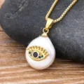 Gold baroque pearl evil eye necklace with colorful zirconia pendant for women fashion. - Style 6