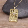 Gold square tarot card pendant necklace with sparkly cubic zirconia stone for trendy unisex styles - Gold