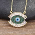 Gold evil eye necklace pendant with green and white cubic zirconia crystals for women fashion - Green