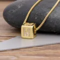 Gold-plated cubic zirconia initial letter M square cube pendant necklace for women. - M