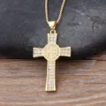 Gold plated cross pendant necklace with sparkling cubic zirconia stones for women daily wear. - Embossed St. Benedict Necklace Style (N261)