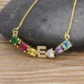 Gold plated alphabet letter E pendant necklace with colorful cubic zirconia stones for women - Letter E