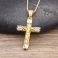 Gold-plated cross pendant necklace with sparkling cubic zirconia stones and delicate crucifix design. - 3D Jesus Figure Cross Style (N729)