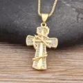 Gold plated cross pendant necklace with sparkling cubic zirconia, elegant clavicle chain for women. - Golden Zirconia Pendant Style (N732)