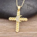 Gold plated cross moon pendant necklace with sparkling zirconia for women daily fashion jewelry - Moon Zirconia Cross Style (N733)